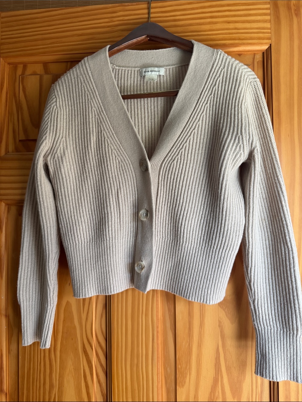Club Monaco Ribbed V-Neck Button Cardigan - Light Beige